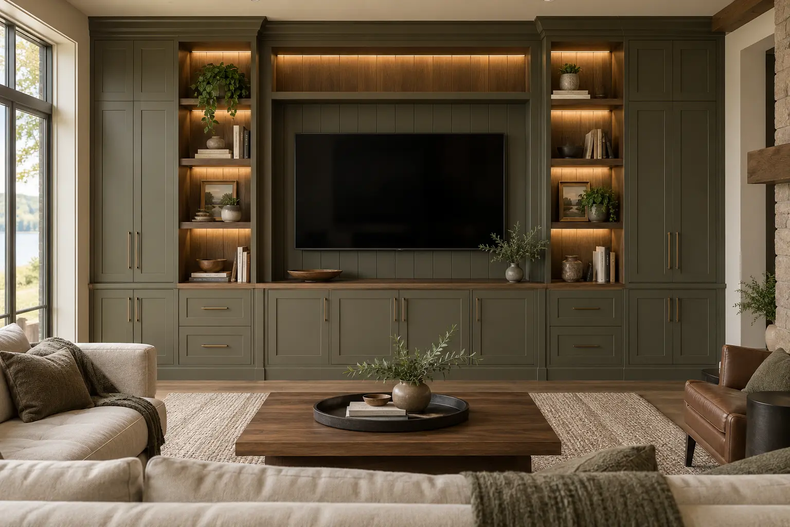 Built-in entertainment wall in dark green cabinetry with lit display shelving flanking a wall-mounted TV