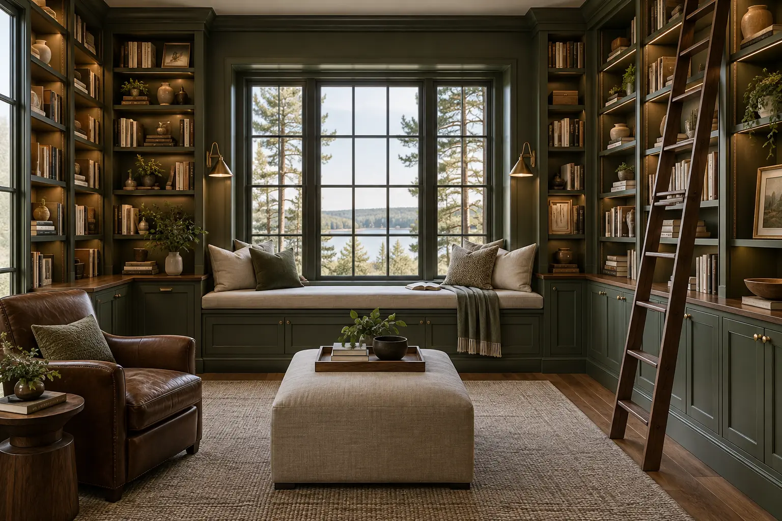 Built-in library shelving in dark green cabinetry surrounding a window seat