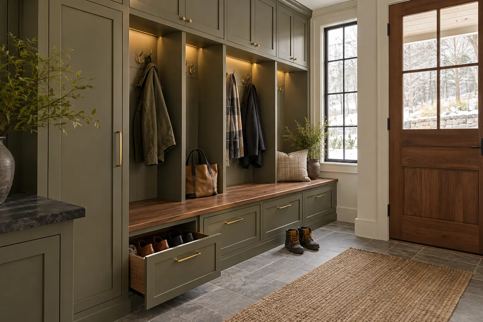 Built-in mudroom lockers with cubbies, hooks, and a storage bench in dark green cabinetry