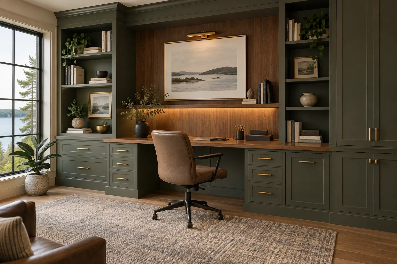 Built-in home office desk and shelving in dark green cabinetry beside a window