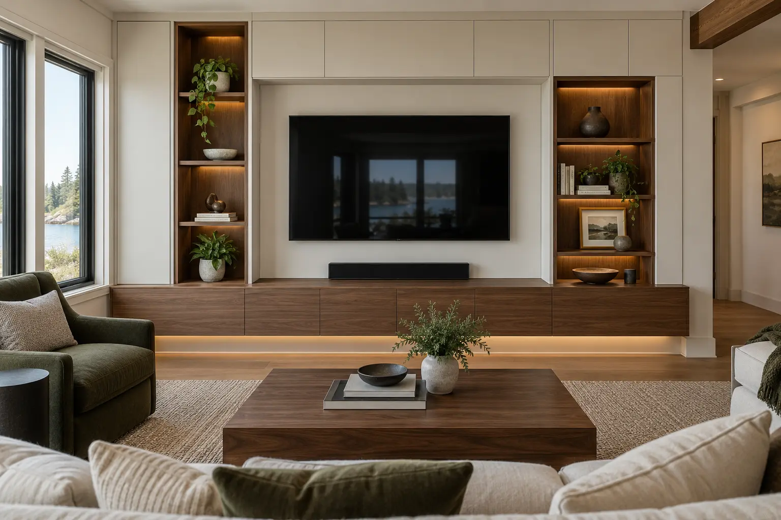 Ivory built-in entertainment wall with walnut shelving and a wall-mounted TV, Portland, Maine