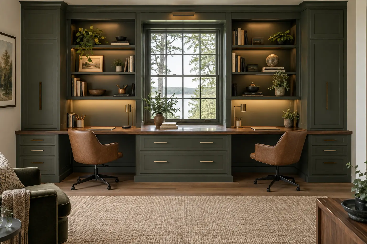 Dark green built-in dual-desk home office with a picture window, Cape Elizabeth, Maine