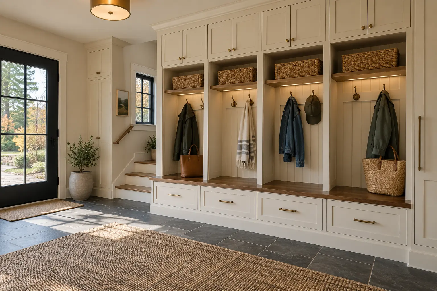 Cream built-in mudroom lockers with cubbies and a storage bench, Scarborough, Maine