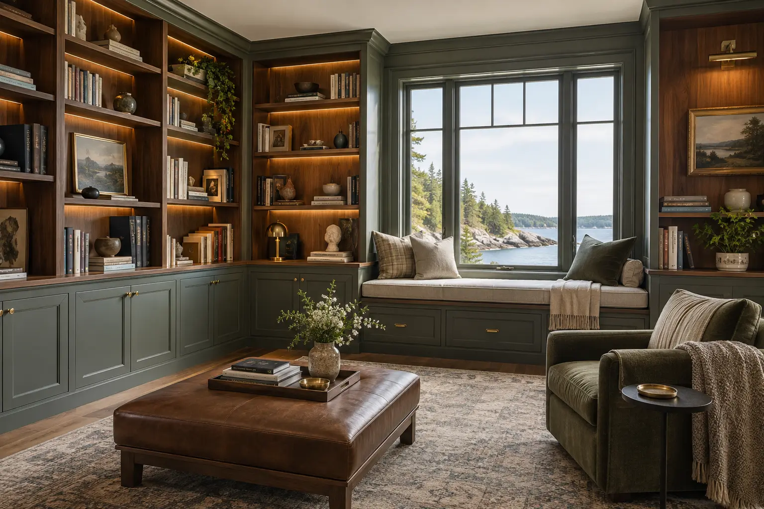 Built-in library shelving and a window seat in green cabinetry, Kennebunk, Maine