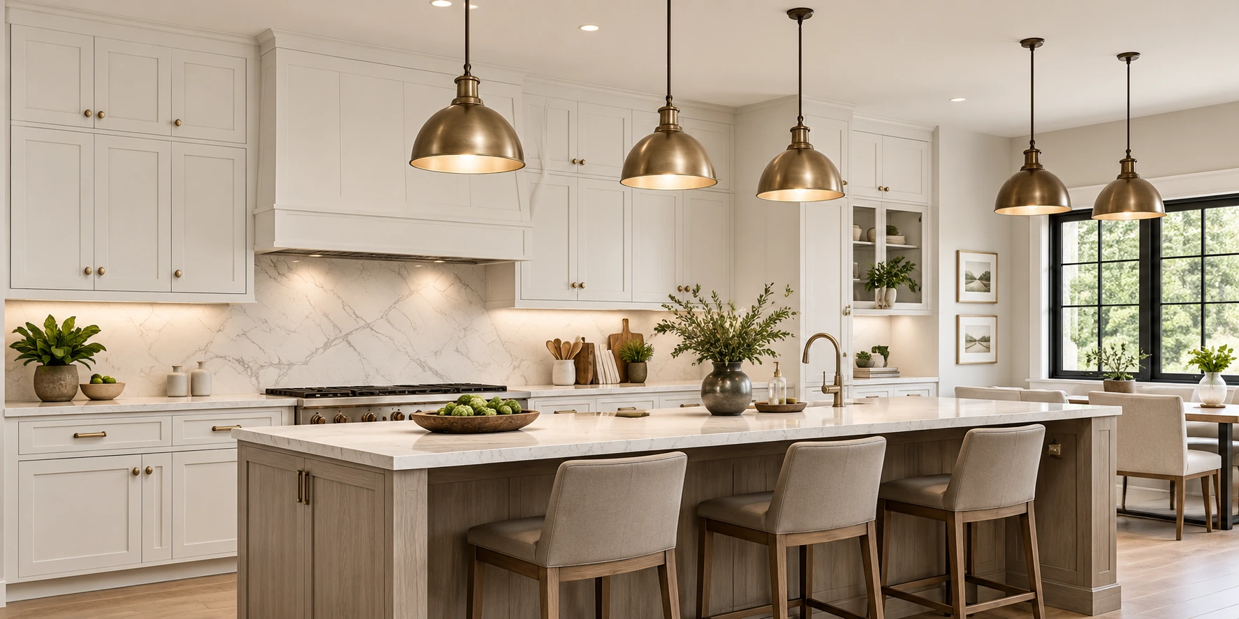 Kitchen with warm white shaker cabinetry, brass pendant lighting, and a wood-toned island with a marble countertop