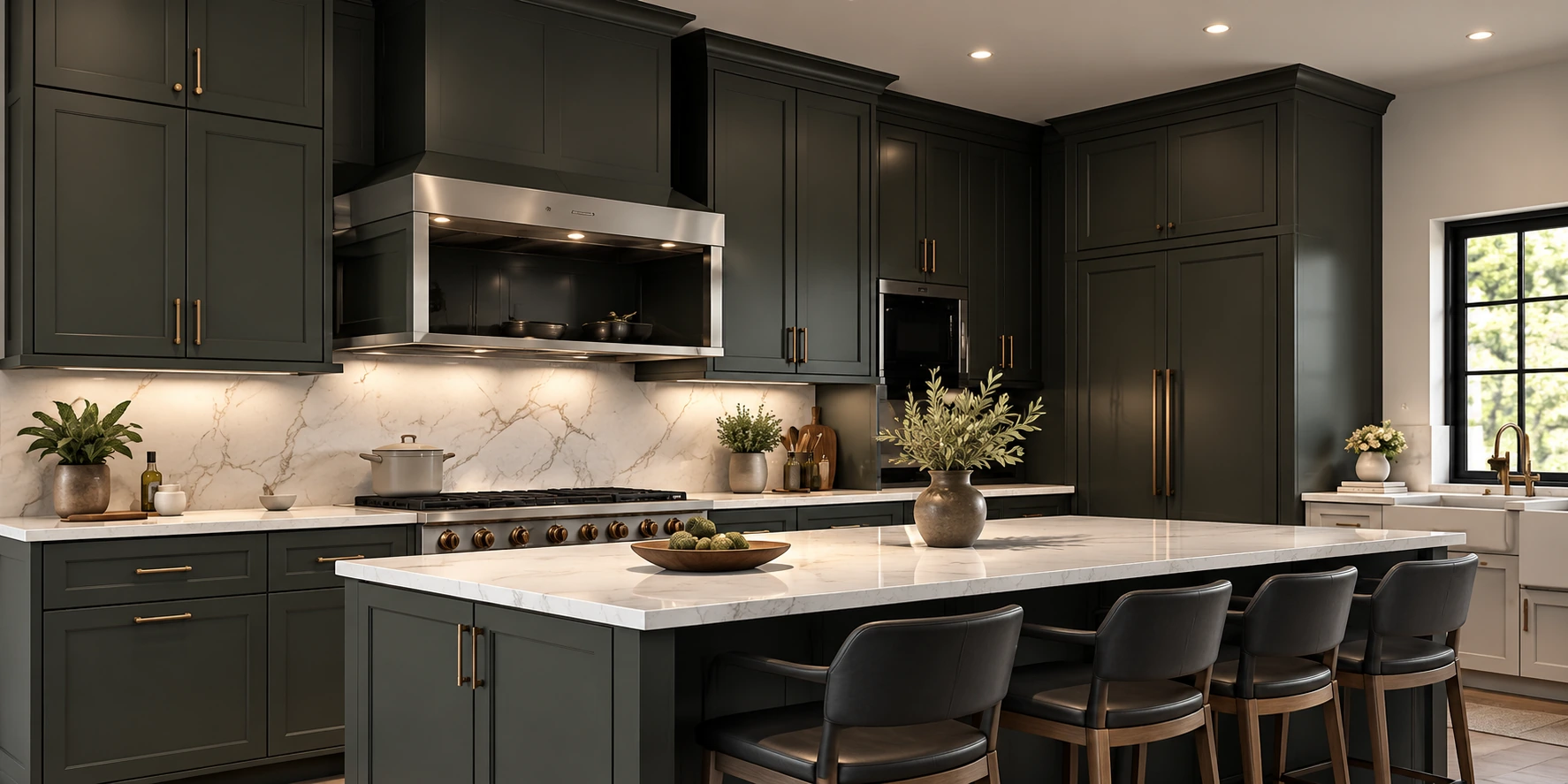Kitchen with deep green shaker cabinetry, a marble backsplash, and a large island with black leather stools