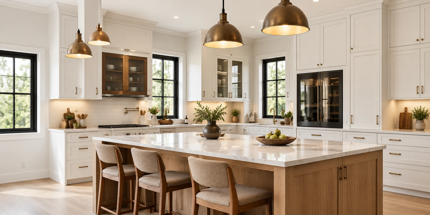 Kitchen with white shaker cabinetry, glass-front upper cabinets, and a wood-toned island