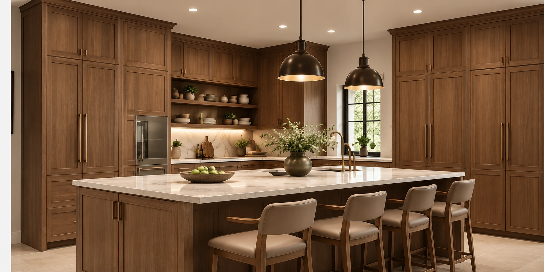 Kitchen with rich walnut cabinetry, open shelving, and a large island with upholstered stools