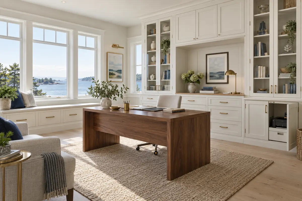 Coastal home office workspace cabinetry