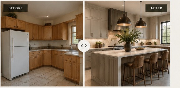 Before and reimagined kitchen comparison